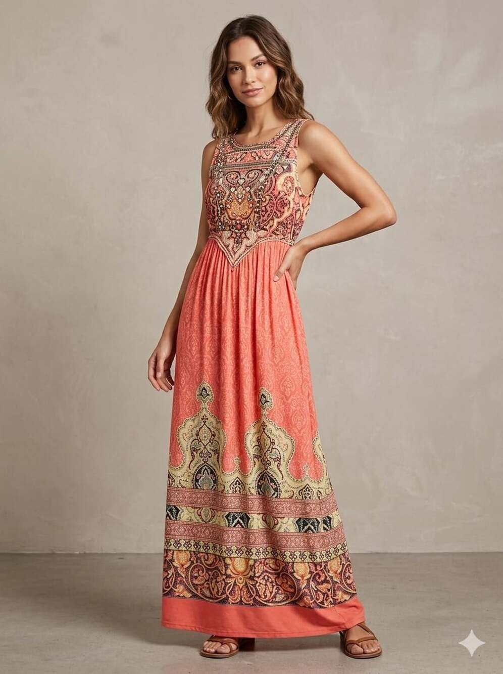 Forever 21 Boho Sleeveless Embellished Maxi Dress with Paisley Print